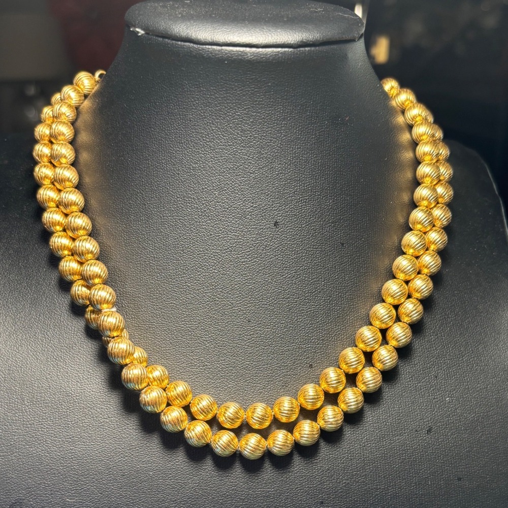 Vintage Double Strand Gold Tone Ribbed Melon Bead Necklace Adjustable Statement